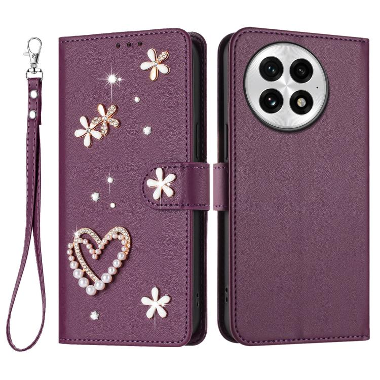 For OnePlus 13 ZS01 Double-Layer Heart Floral Vegan Leather Phone Case with Wrist Strap