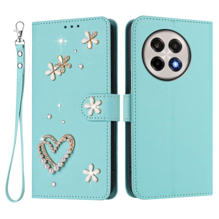 For OnePlus 13R / Ace 5 Pro 5G ZS01 Double-Layer Heart Floral Vegan Leather Phone Case with Wrist Strap