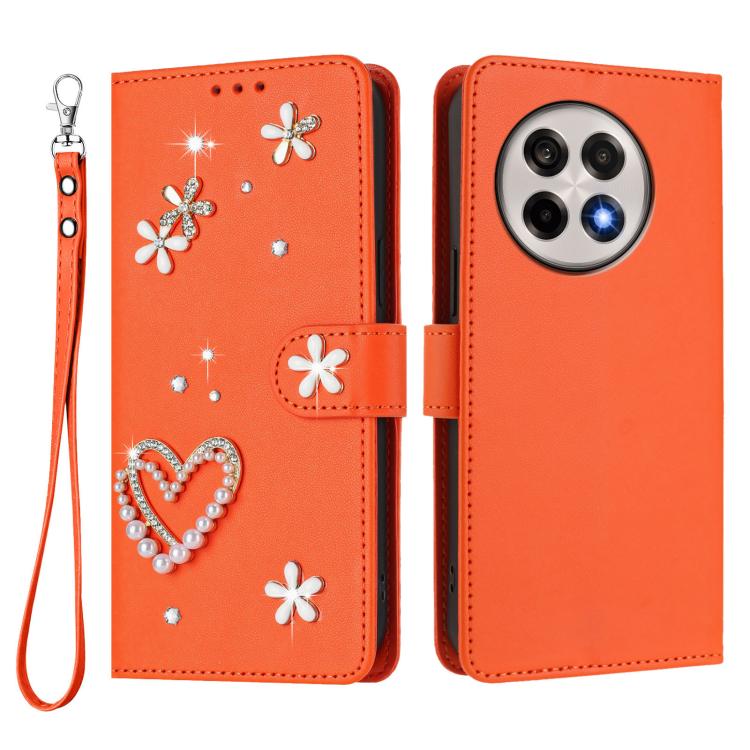 For OnePlus 13R / Ace 5 Pro 5G ZS01 Double-Layer Heart Floral Vegan Leather Phone Case with Wrist Strap