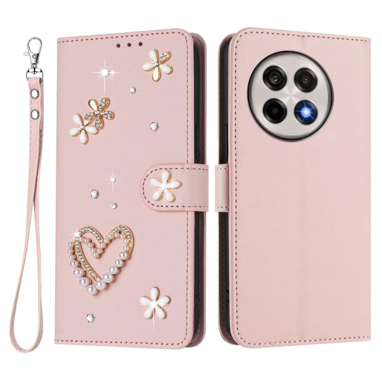 For OnePlus 13R / Ace 5 Pro 5G ZS01 Double-Layer Heart Floral Vegan Leather Phone Case with Wrist Strap