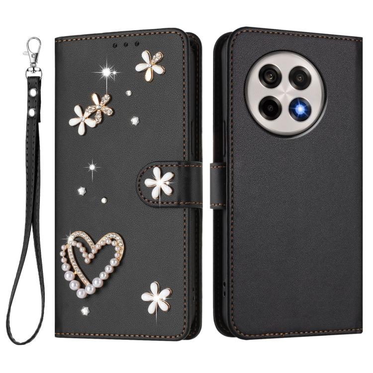 For OnePlus 13R / Ace 5 Pro 5G ZS01 Double-Layer Heart Floral Vegan Leather Phone Case with Wrist Strap