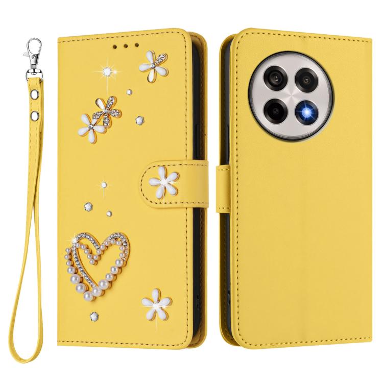 For OnePlus 13R / Ace 5 Pro 5G ZS01 Double-Layer Heart Floral Vegan Leather Phone Case with Wrist Strap