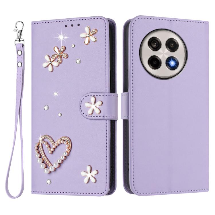 For OnePlus 13R / Ace 5 Pro 5G ZS01 Double-Layer Heart Floral Vegan Leather Phone Case with Wrist Strap
