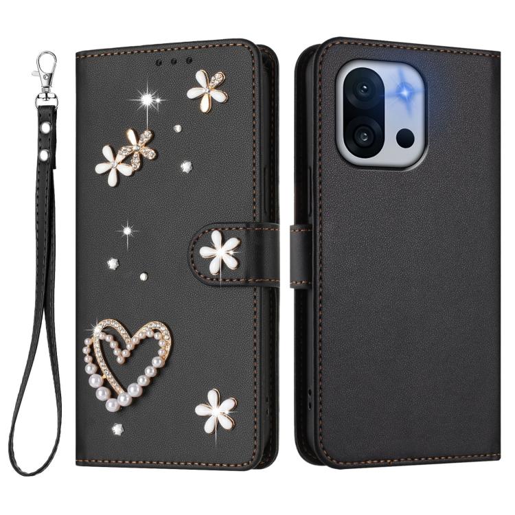For OnePlus 13T 5G ZS01 Double-Layer Heart Floral Vegan Leather Phone Case with Wrist Strap