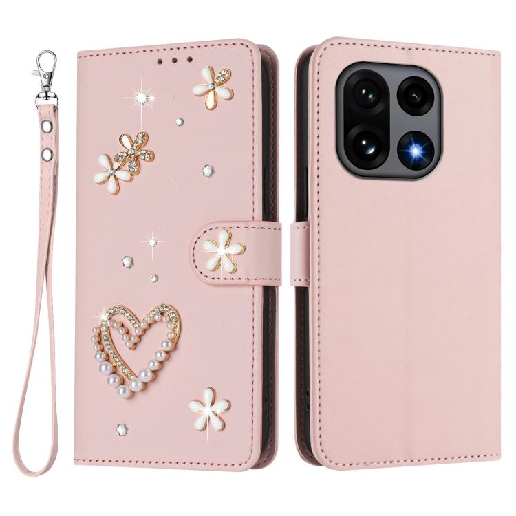 For OnePlus 15 ZS01 Double-Layer Heart Floral Vegan Leather Phone Case with Wrist Strap