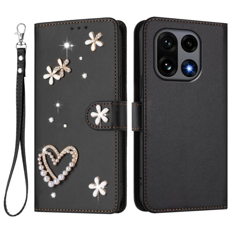 For OnePlus 15 ZS01 Double-Layer Heart Floral Vegan Leather Phone Case with Wrist Strap