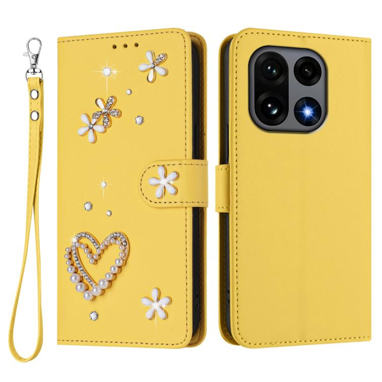 For OnePlus 15 ZS01 Double-Layer Heart Floral Vegan Leather Phone Case with Wrist Strap