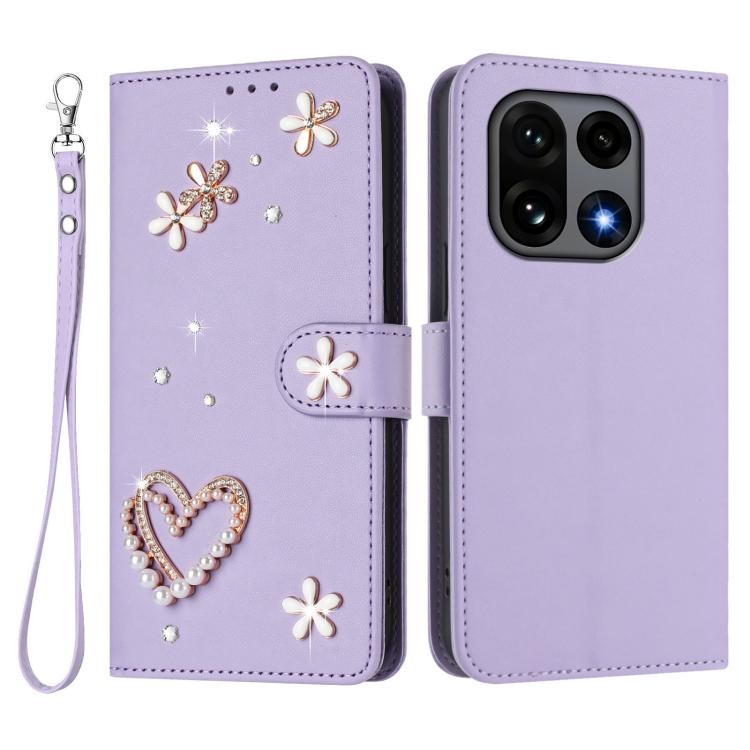 For OnePlus 15 ZS01 Double-Layer Heart Floral Vegan Leather Phone Case with Wrist Strap