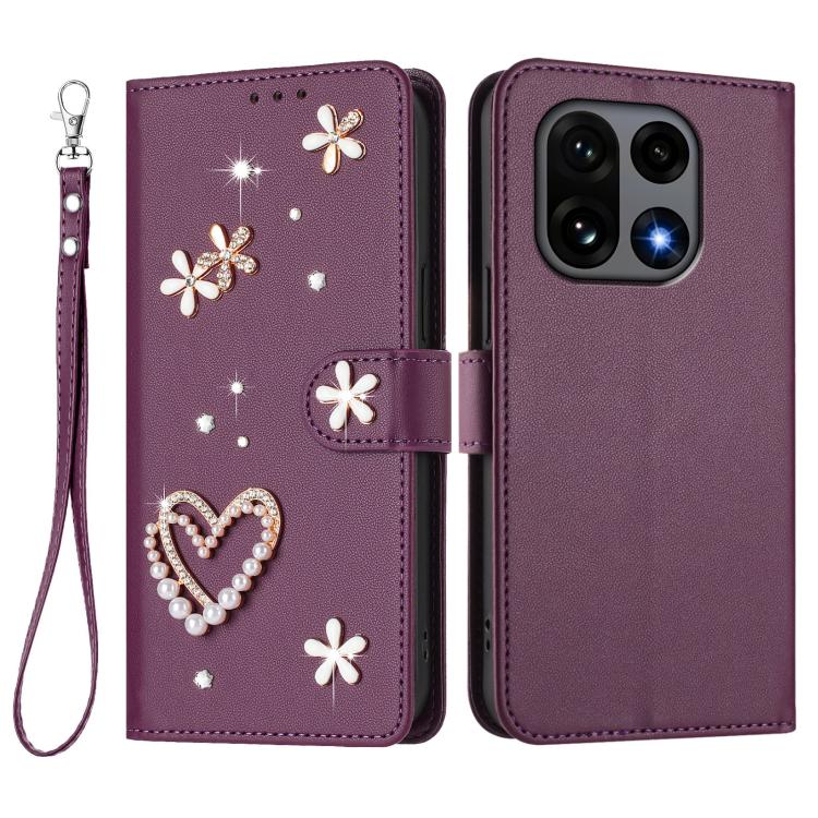 For OnePlus 15 ZS01 Double-Layer Heart Floral Vegan Leather Phone Case with Wrist Strap