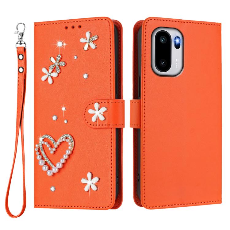 For OnePlus 15R ZS01 Double-Layer Heart Floral Vegan Leather Phone Case with Wrist Strap