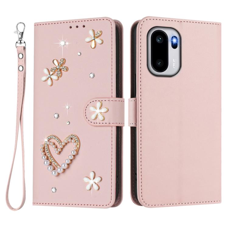 For OnePlus 15R ZS01 Double-Layer Heart Floral Vegan Leather Phone Case with Wrist Strap