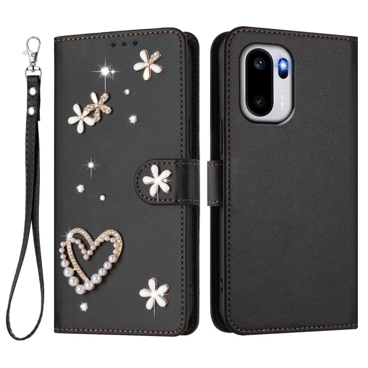 For OnePlus 15R ZS01 Double-Layer Heart Floral Vegan Leather Phone Case with Wrist Strap