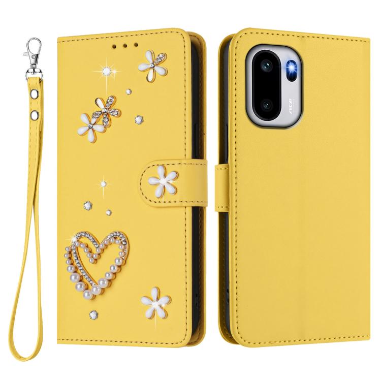 For OnePlus 15R ZS01 Double-Layer Heart Floral Vegan Leather Phone Case with Wrist Strap