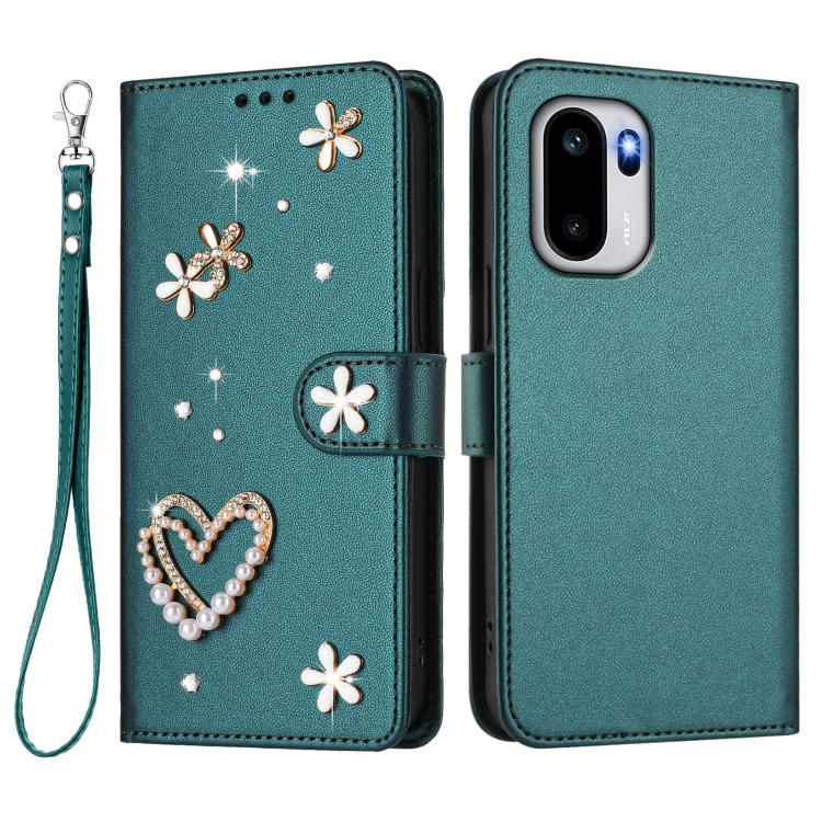 For OnePlus 15R ZS01 Double-Layer Heart Floral Vegan Leather Phone Case with Wrist Strap