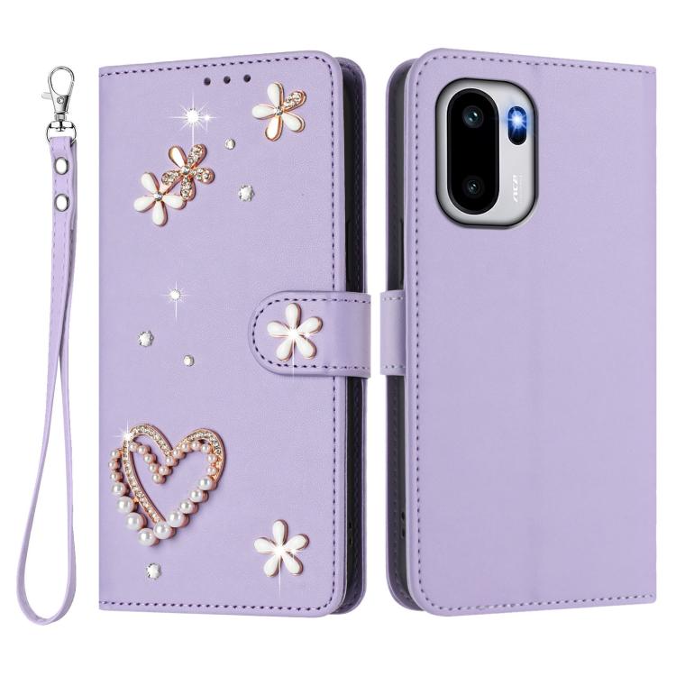 For OnePlus 15R ZS01 Double-Layer Heart Floral Vegan Leather Phone Case with Wrist Strap