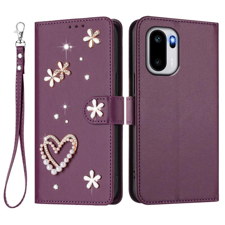 For OnePlus 15R ZS01 Double-Layer Heart Floral Vegan Leather Phone Case with Wrist Strap
