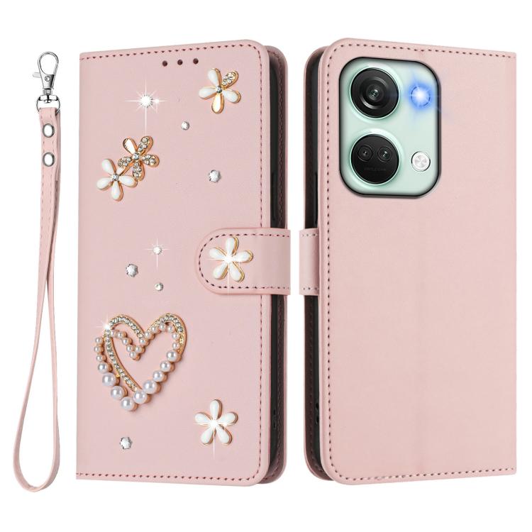 For OnePlus Nord 3 / Ace 2V ZS01 Double-Layer Heart Floral Vegan Leather Phone Case with Wrist Strap