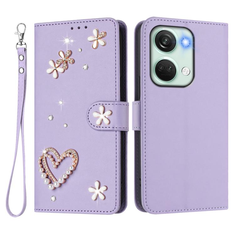 For OnePlus Nord 3 / Ace 2V ZS01 Double-Layer Heart Floral Vegan Leather Phone Case with Wrist Strap