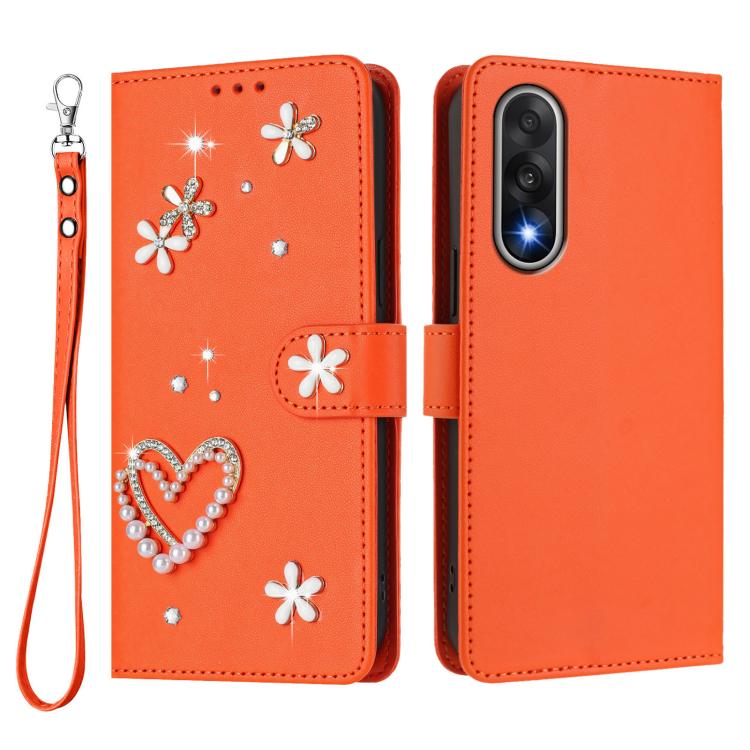 For OnePlus Nord 5 5G / Ace 5 Ultra ZS01 Double-Layer Heart Floral Vegan Leather Phone Case with Wrist Strap