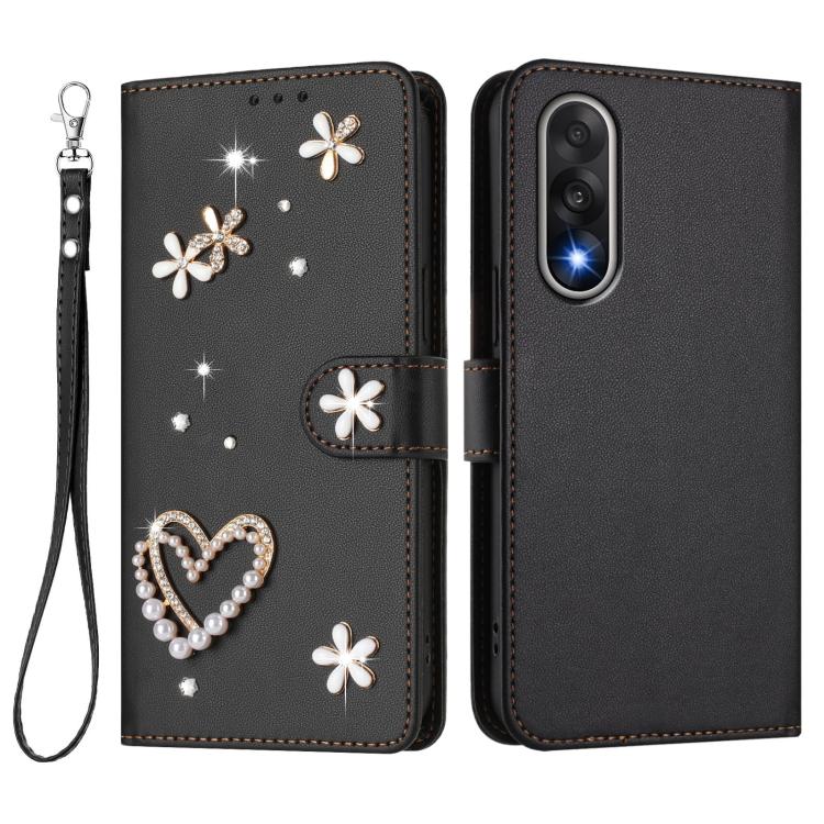 For OnePlus Nord 5 5G / Ace 5 Ultra ZS01 Double-Layer Heart Floral Vegan Leather Phone Case with Wrist Strap