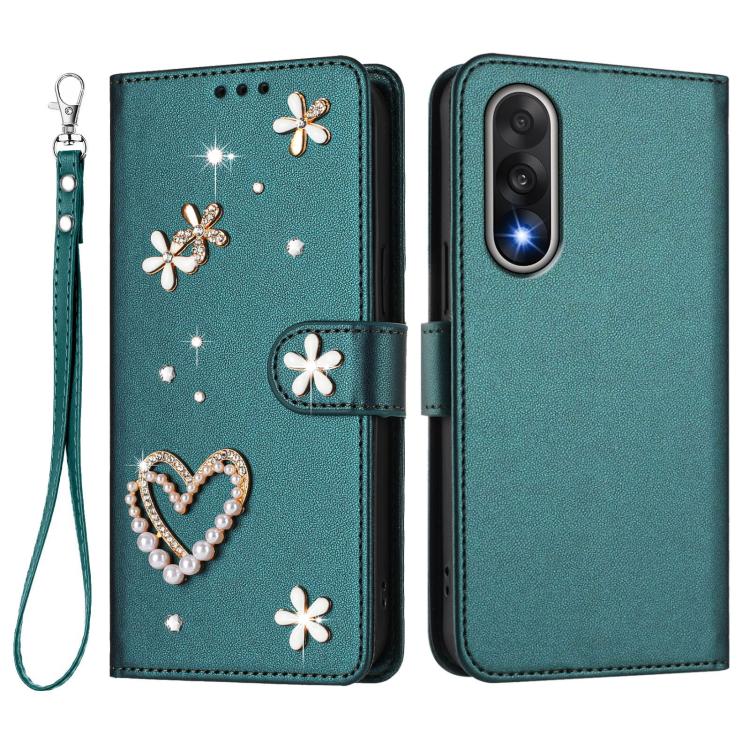 For OnePlus Nord 5 5G / Ace 5 Ultra ZS01 Double-Layer Heart Floral Vegan Leather Phone Case with Wrist Strap