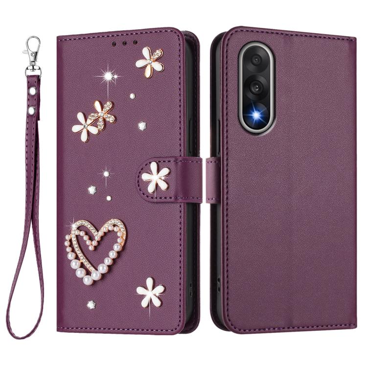 For OnePlus Nord 5 5G / Ace 5 Ultra ZS01 Double-Layer Heart Floral Vegan Leather Phone Case with Wrist Strap