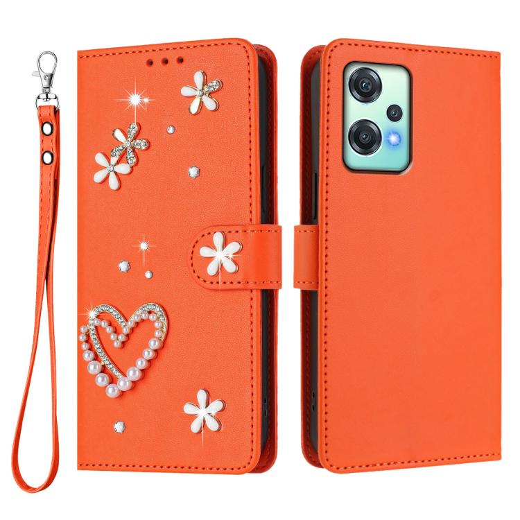For OnePlus Nord CE 2 Lite 5G / Nord 2 Lite ZS01 Double-Layer Heart Floral Vegan Leather Phone Case with Wrist Strap