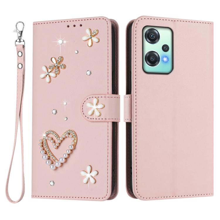 For OnePlus Nord CE 2 Lite 5G / Nord 2 Lite ZS01 Double-Layer Heart Floral Vegan Leather Phone Case with Wrist Strap