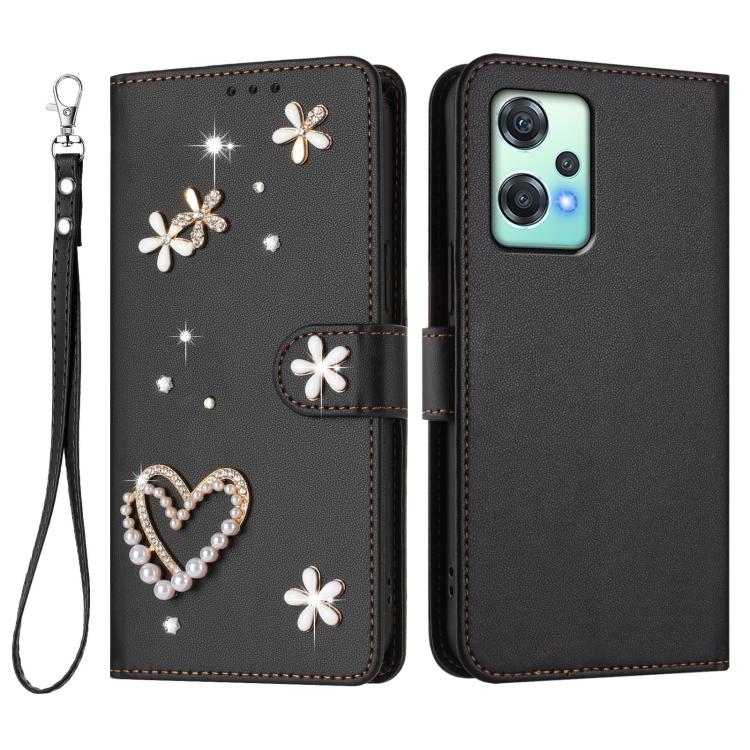 For OnePlus Nord CE 2 Lite 5G / Nord 2 Lite ZS01 Double-Layer Heart Floral Vegan Leather Phone Case with Wrist Strap