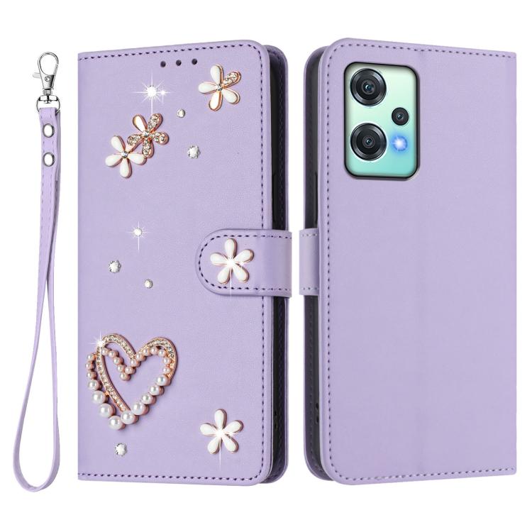 For OnePlus Nord CE 2 Lite 5G / Nord 2 Lite ZS01 Double-Layer Heart Floral Vegan Leather Phone Case with Wrist Strap