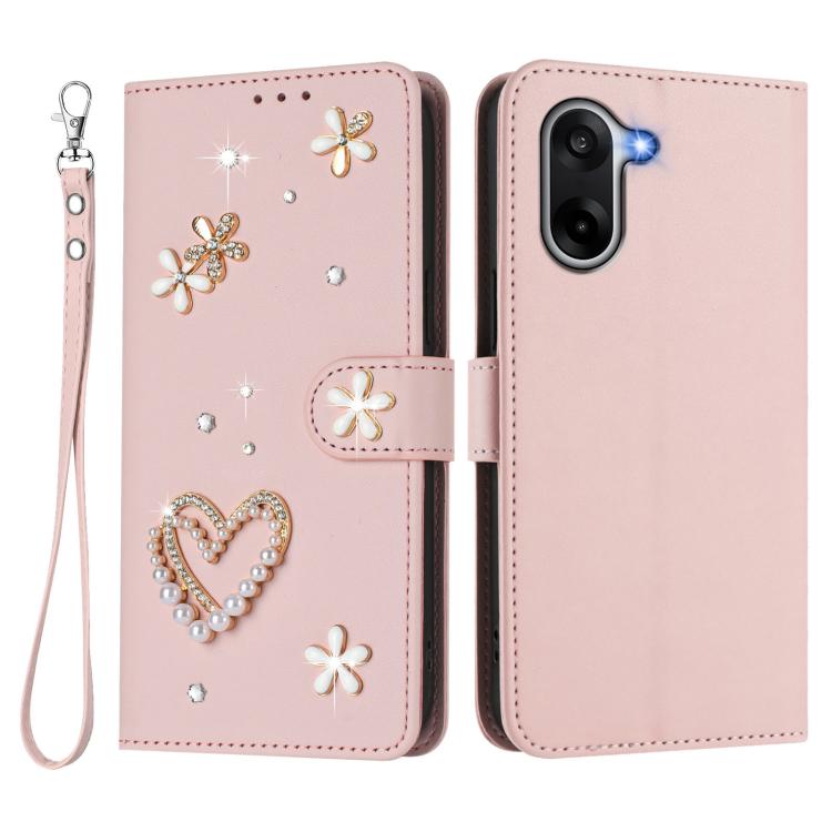 For OnePlus Nord CE5 / Ace 5 Racing ZS01 Double-Layer Heart Floral Vegan Leather Phone Case with Wrist Strap
