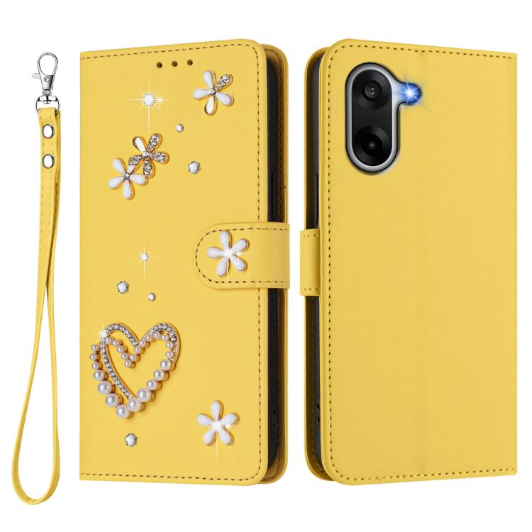 For OnePlus Nord CE5 / Ace 5 Racing ZS01 Double-Layer Heart Floral Vegan Leather Phone Case with Wrist Strap