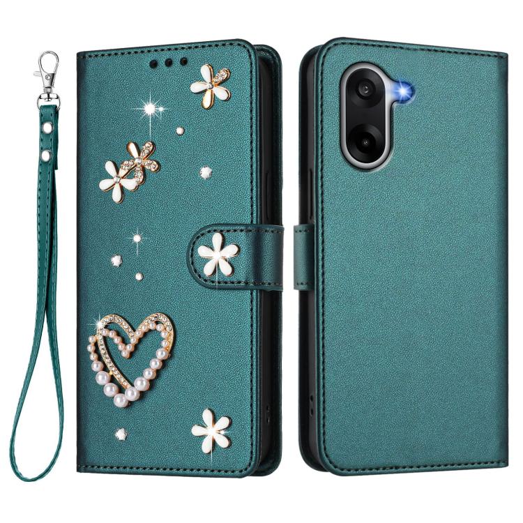For OnePlus Nord CE5 / Ace 5 Racing ZS01 Double-Layer Heart Floral Vegan Leather Phone Case with Wrist Strap