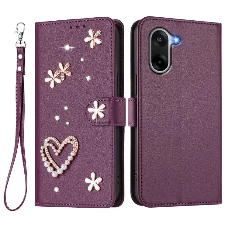 For OnePlus Nord CE5 / Ace 5 Racing ZS01 Double-Layer Heart Floral Vegan Leather Phone Case with Wrist Strap