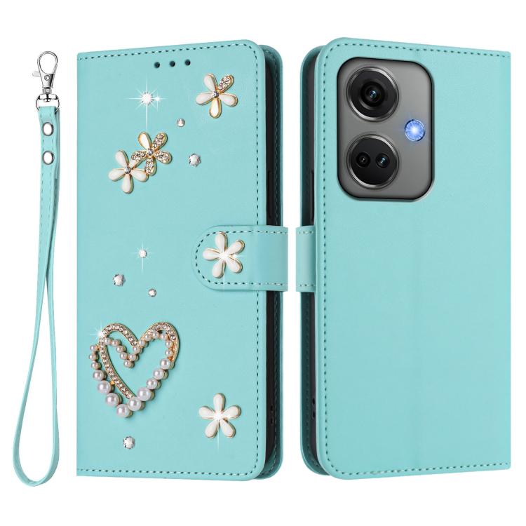 For OnePlus Nord CE3 5G India ZS01 Double-Layer Heart Floral Vegan Leather Phone Case with Wrist Strap