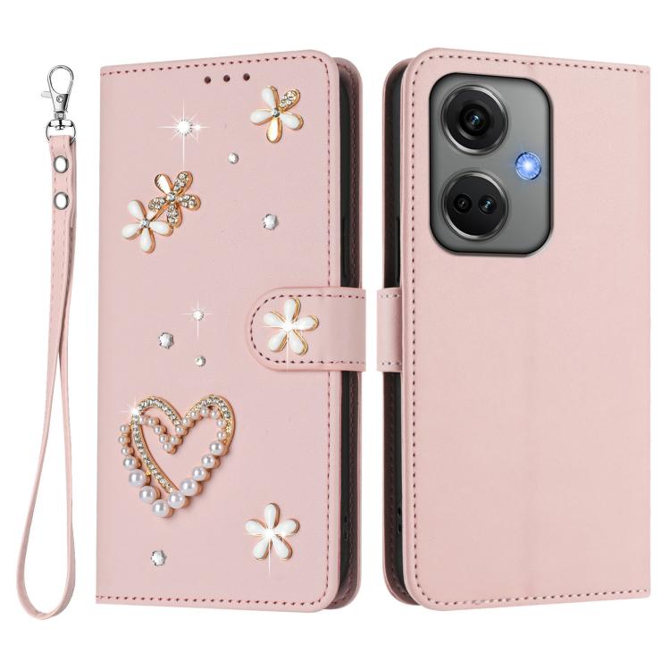 For OnePlus Nord CE3 5G India ZS01 Double-Layer Heart Floral Vegan Leather Phone Case with Wrist Strap