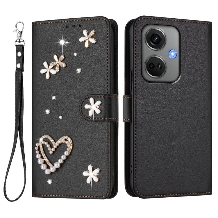 For OnePlus Nord CE3 5G India ZS01 Double-Layer Heart Floral Vegan Leather Phone Case with Wrist Strap