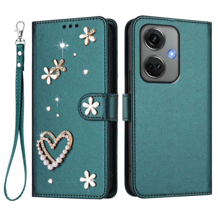 For OnePlus Nord CE3 5G India ZS01 Double-Layer Heart Floral Vegan Leather Phone Case with Wrist Strap