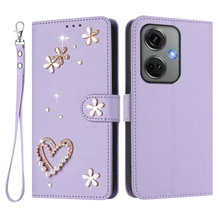 For OnePlus Nord CE3 5G India ZS01 Double-Layer Heart Floral Vegan Leather Phone Case with Wrist Strap