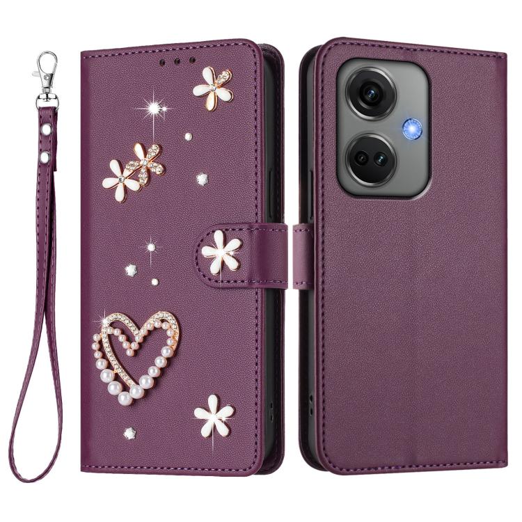 For OnePlus Nord CE3 5G India ZS01 Double-Layer Heart Floral Vegan Leather Phone Case with Wrist Strap