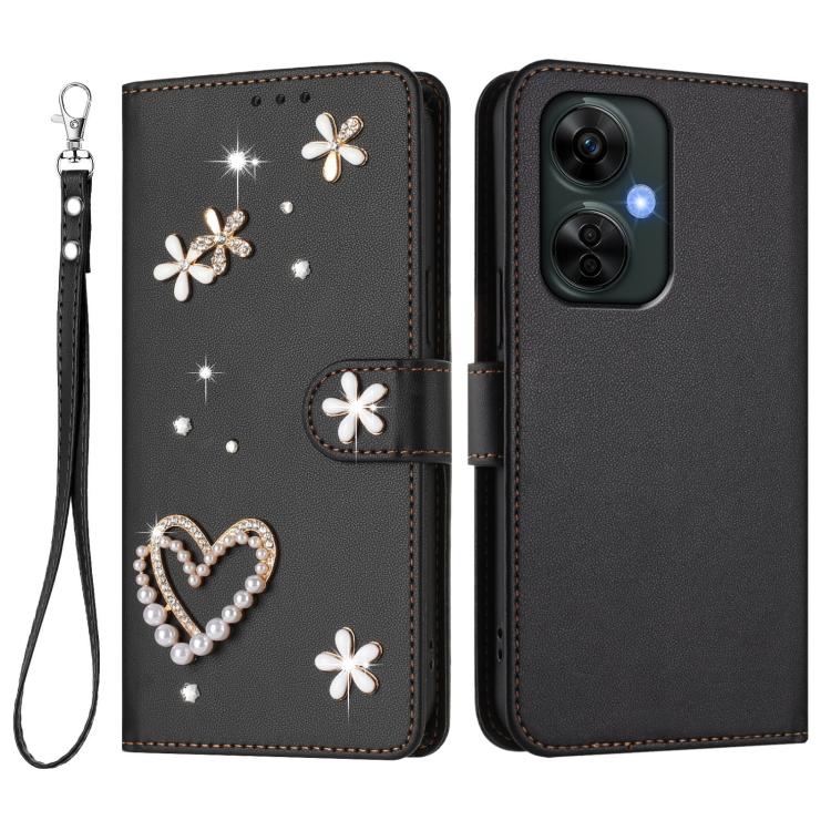 For OnePlus Nord CE 3 Lite 5G / Nord N30 ZS01 Double-Layer Heart Floral Vegan Leather Phone Case with Wrist Strap