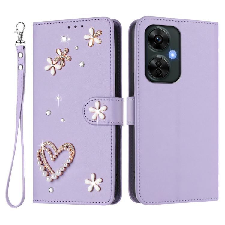 For OnePlus Nord CE 3 Lite 5G / Nord N30 ZS01 Double-Layer Heart Floral Vegan Leather Phone Case with Wrist Strap