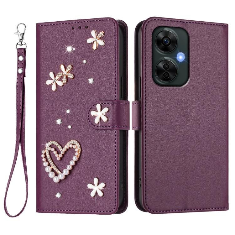 For OnePlus Nord CE 3 Lite 5G / Nord N30 ZS01 Double-Layer Heart Floral Vegan Leather Phone Case with Wrist Strap