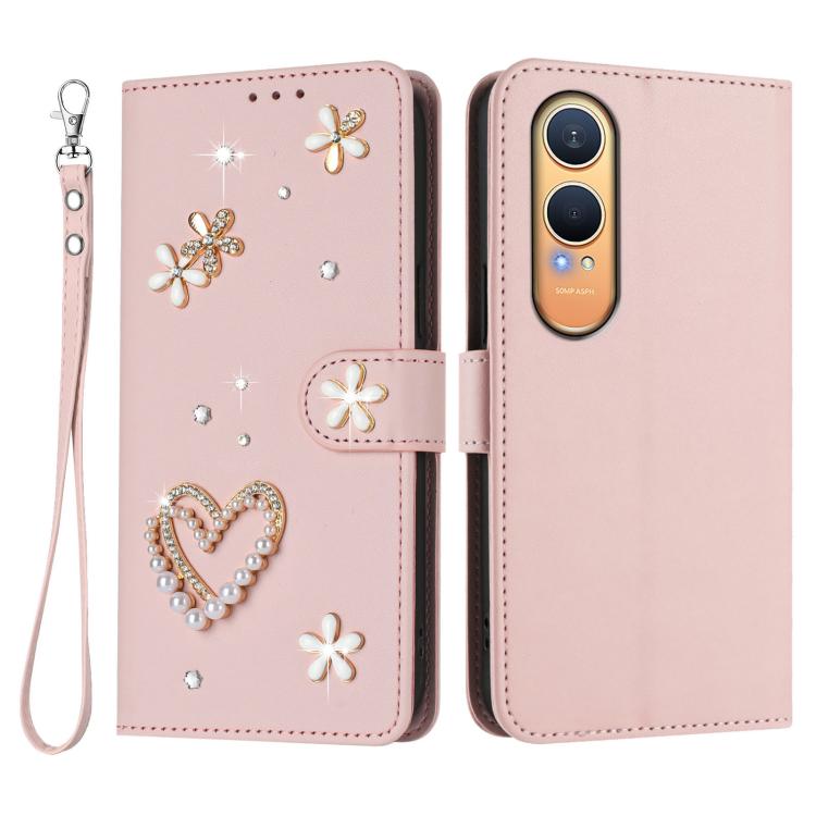 For OnePlus Nord CE4 Lite 5G Global ZS01 Double-Layer Heart Floral Vegan Leather Phone Case with Wrist Strap