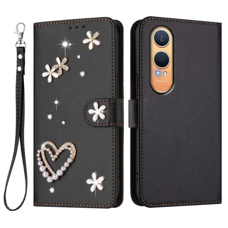 For OnePlus Nord CE4 Lite 5G Global ZS01 Double-Layer Heart Floral Vegan Leather Phone Case with Wrist Strap