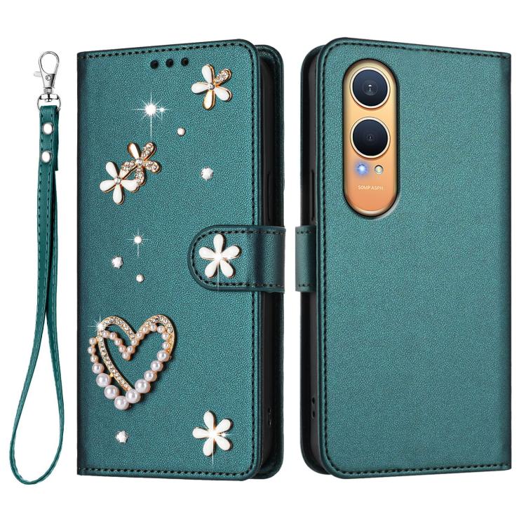For OnePlus Nord CE4 Lite 5G Global ZS01 Double-Layer Heart Floral Vegan Leather Phone Case with Wrist Strap