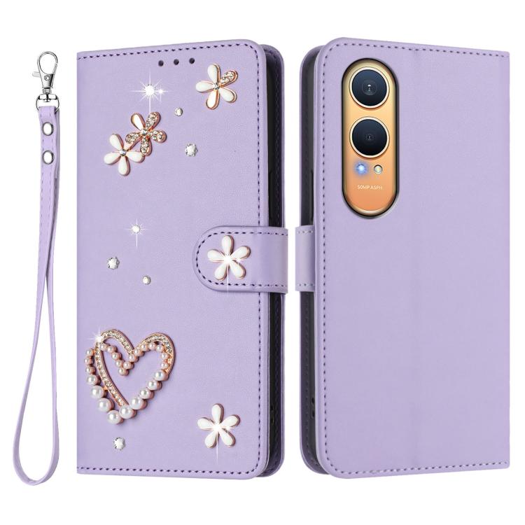 For OnePlus Nord CE4 Lite 5G Global ZS01 Double-Layer Heart Floral Vegan Leather Phone Case with Wrist Strap