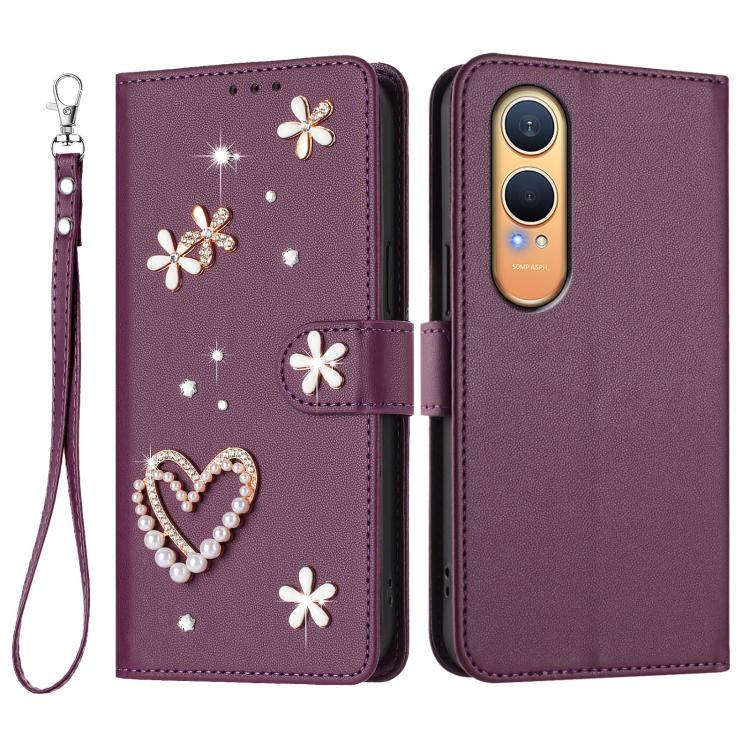 For OnePlus Nord CE4 Lite 5G Global ZS01 Double-Layer Heart Floral Vegan Leather Phone Case with Wrist Strap