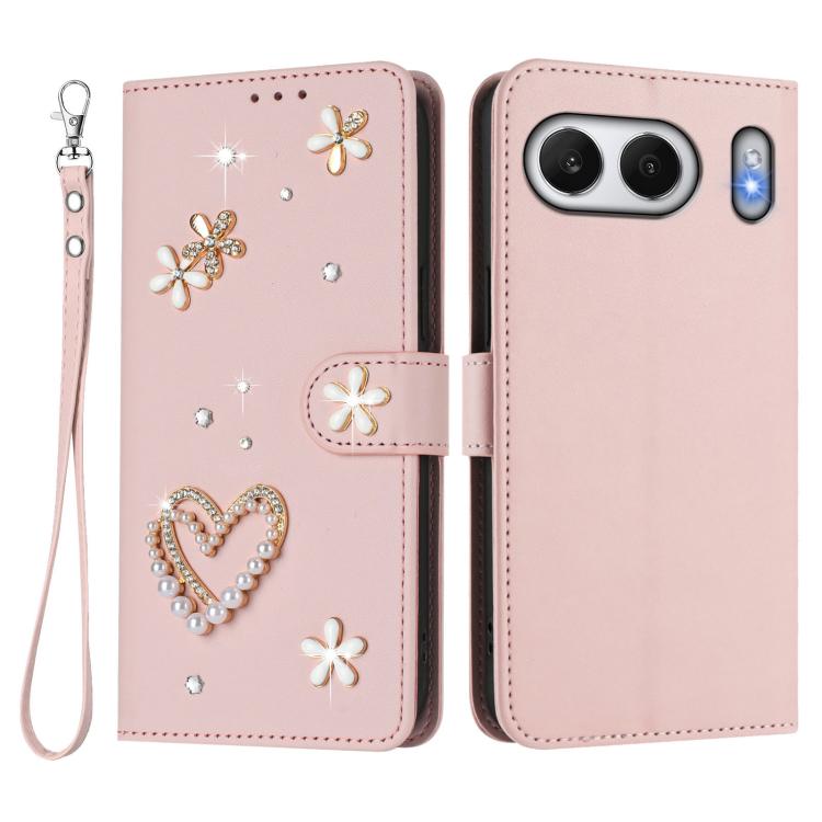 For OnePlus Nord 4 5G Global ZS01 Double-Layer Heart Floral Vegan Leather Phone Case with Wrist Strap