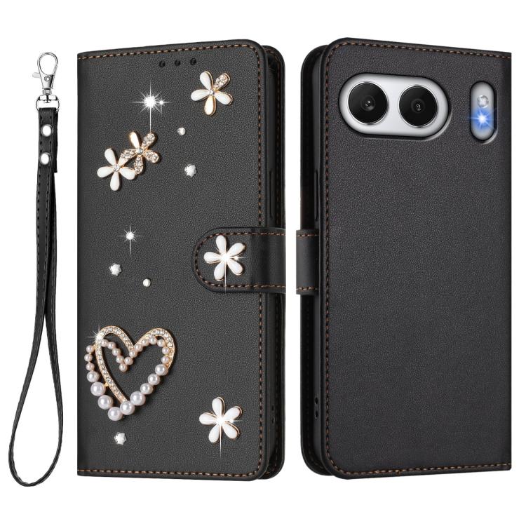 For OnePlus Nord 4 5G Global ZS01 Double-Layer Heart Floral Vegan Leather Phone Case with Wrist Strap